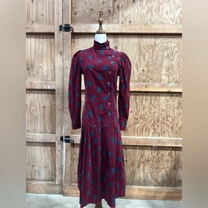 Laura Ashley Corduroy Floral Dress High Neck Asymmetrical Button Made In Britain